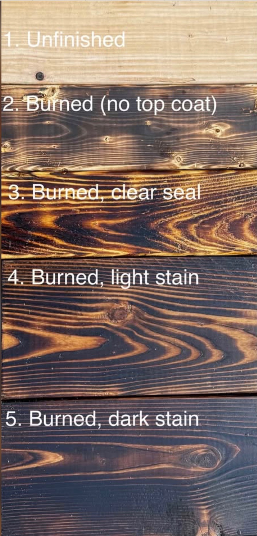 burned vs unburned wood stain comparison outdoor furniture