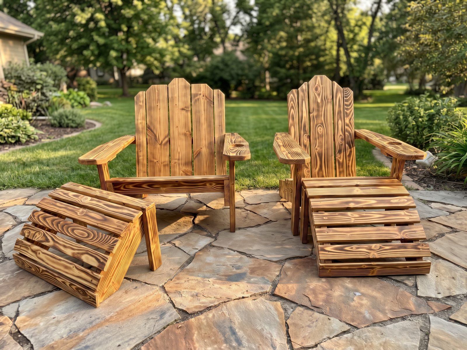 Standard and XL Adirondack chairs with ottomans in a burned wood light stain finish