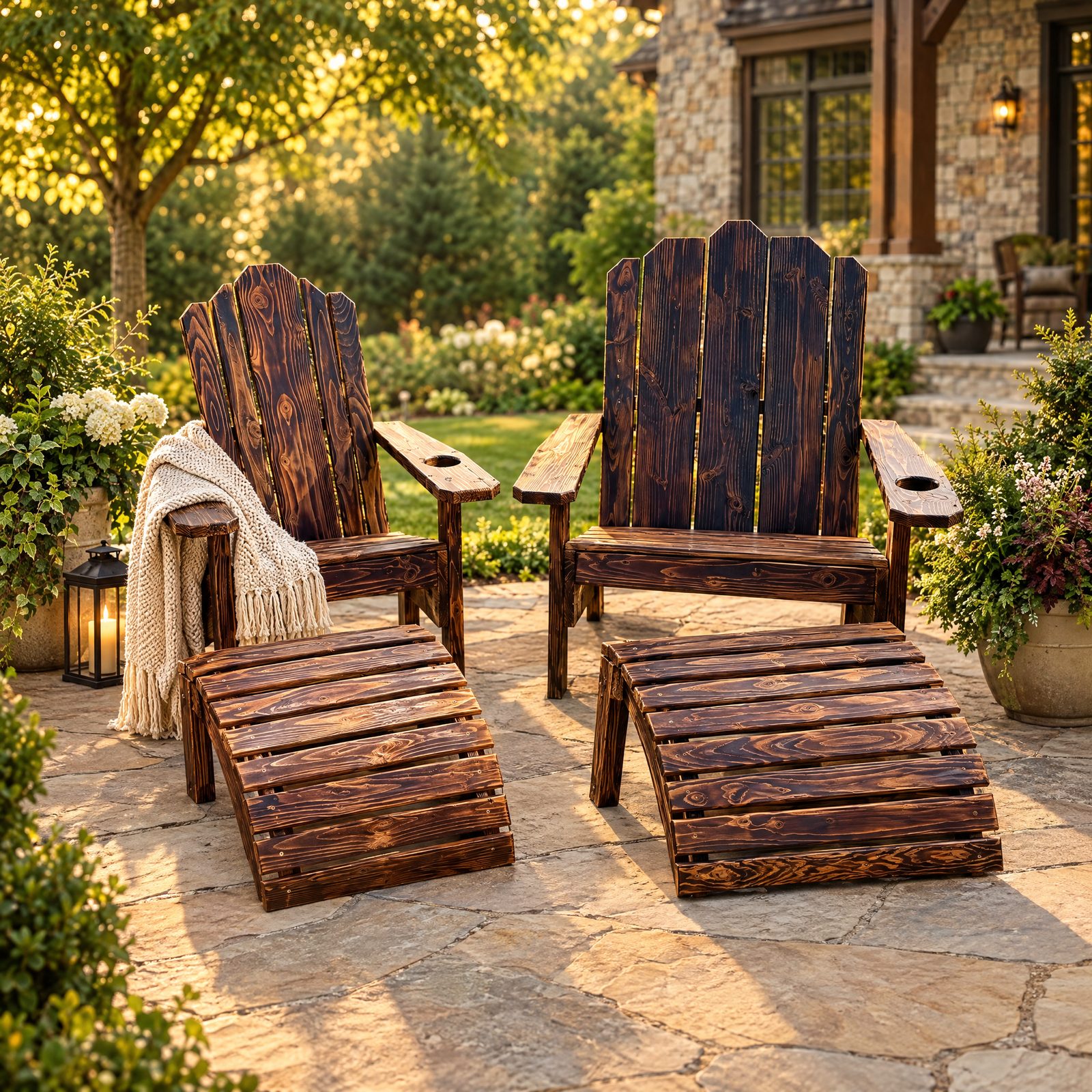 Standard and XL Adirondack chairs with matching ottomans in a burned wood medium finish