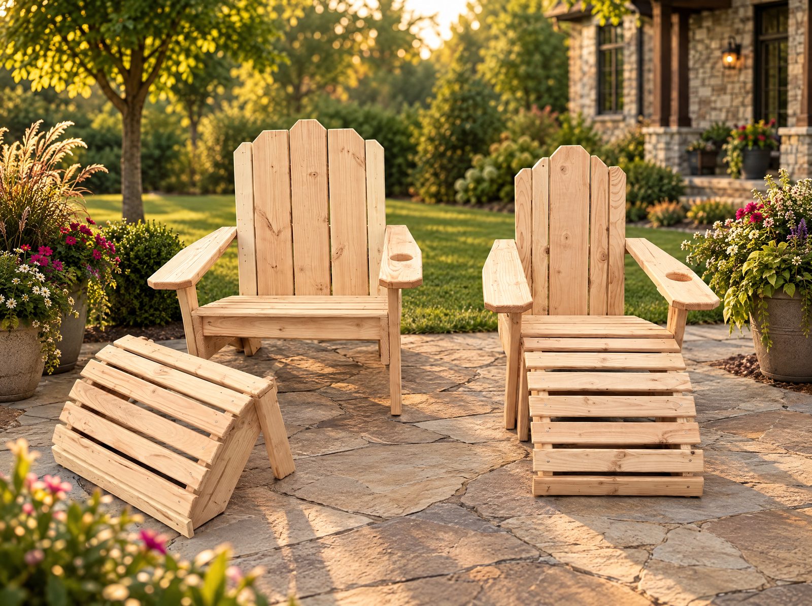 Unfinished standard and XL Adirondack chairs with ottomans