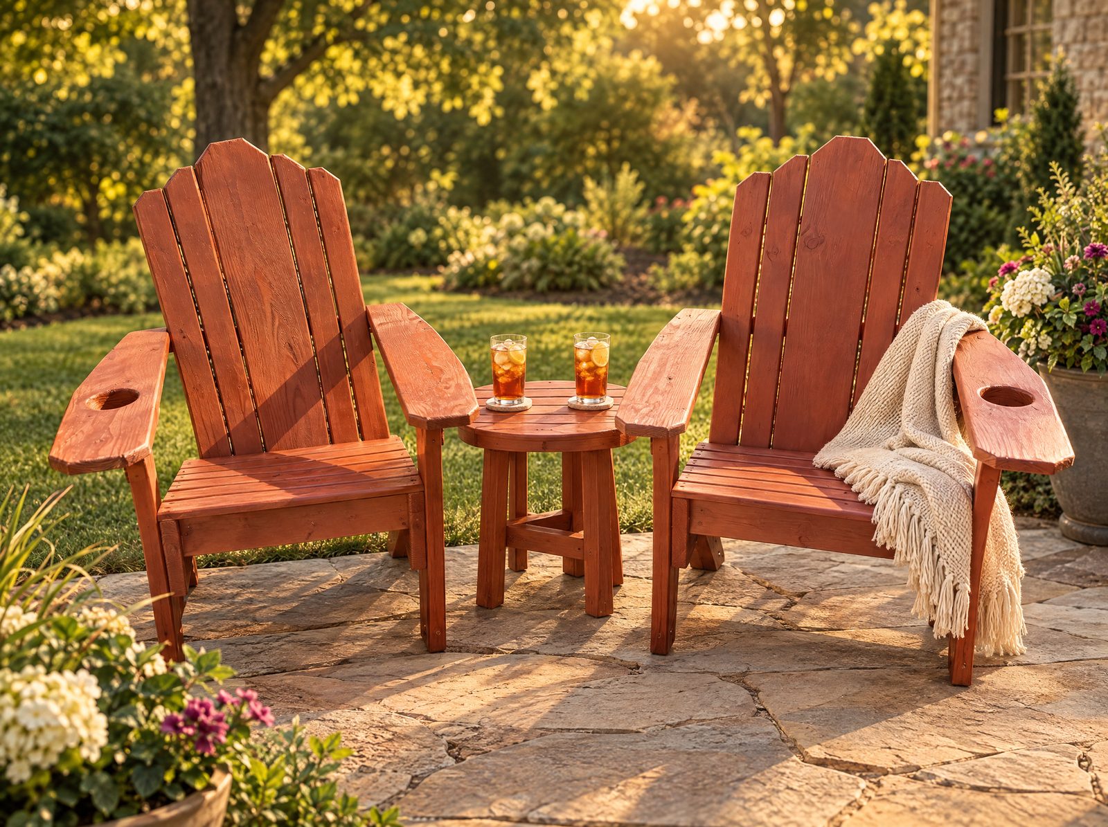 Two cedar finish Adirondack chairs with cup holders on a stone patio