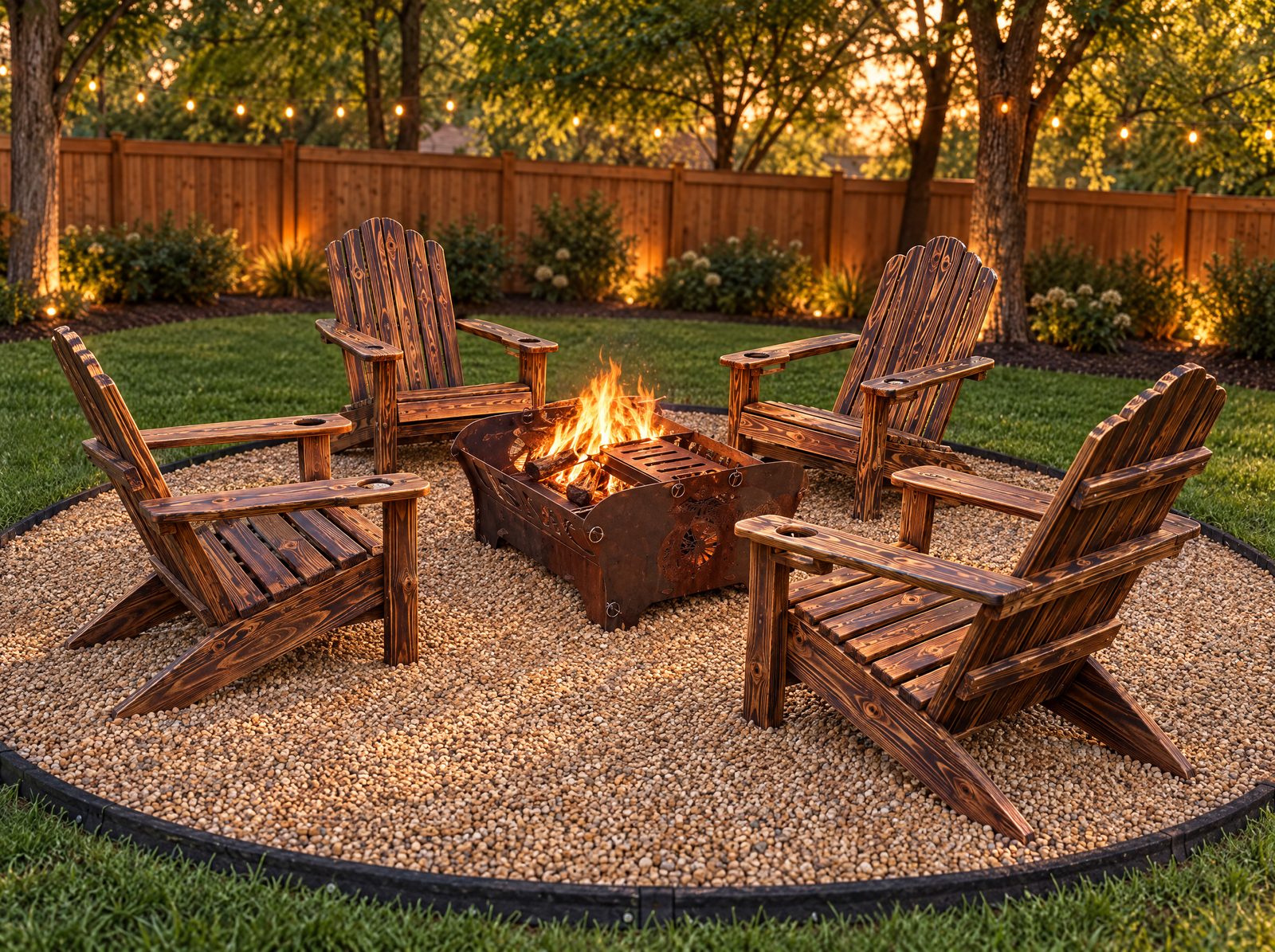 Four burned wood Adirondack chairs around a backyard fire pit at dusk