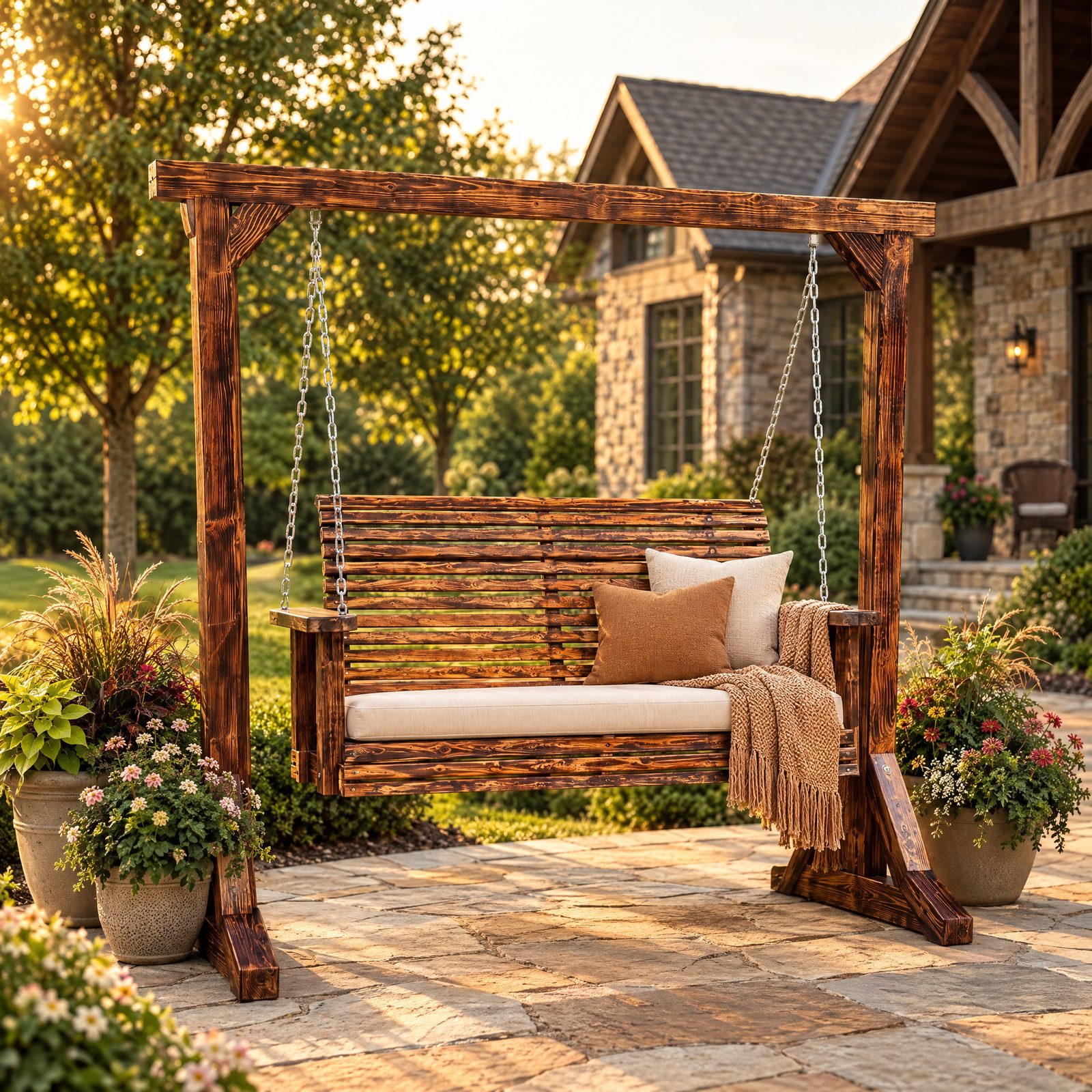 Custom wooden porch swing with chain mount on an outdoor porch