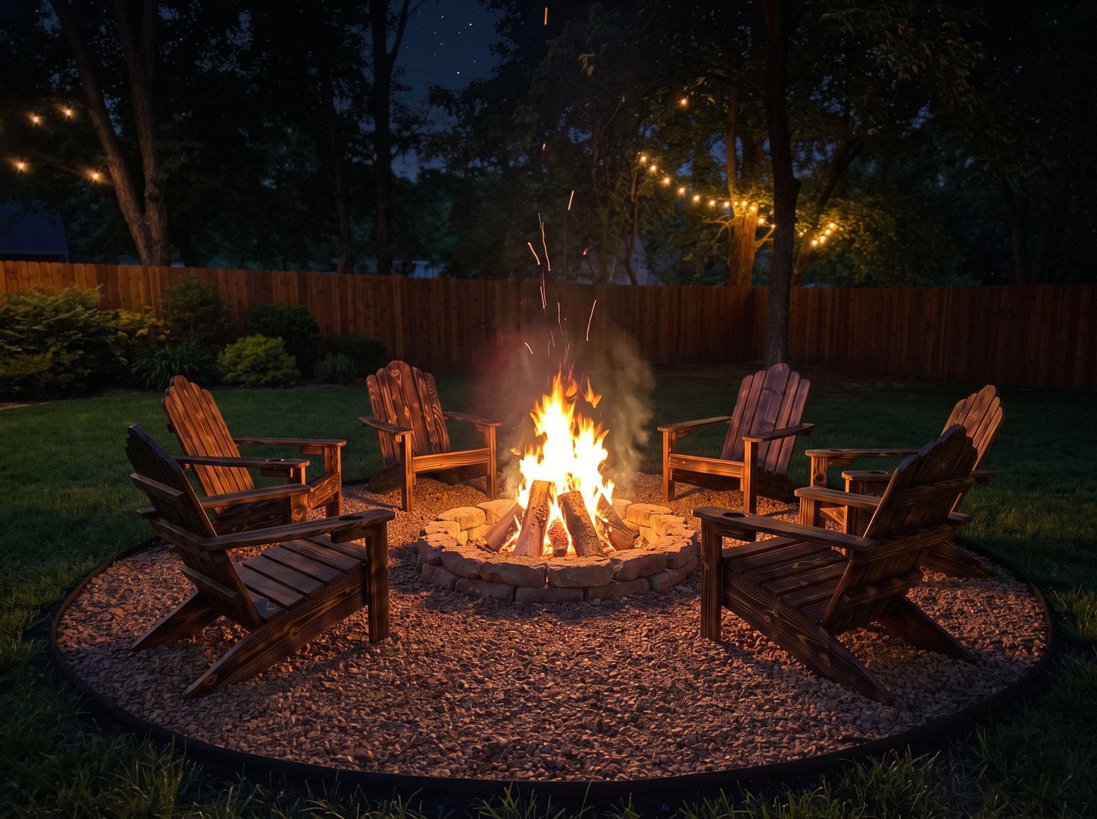 Six burned wood Adirondack chairs around a backyard bonfire at night