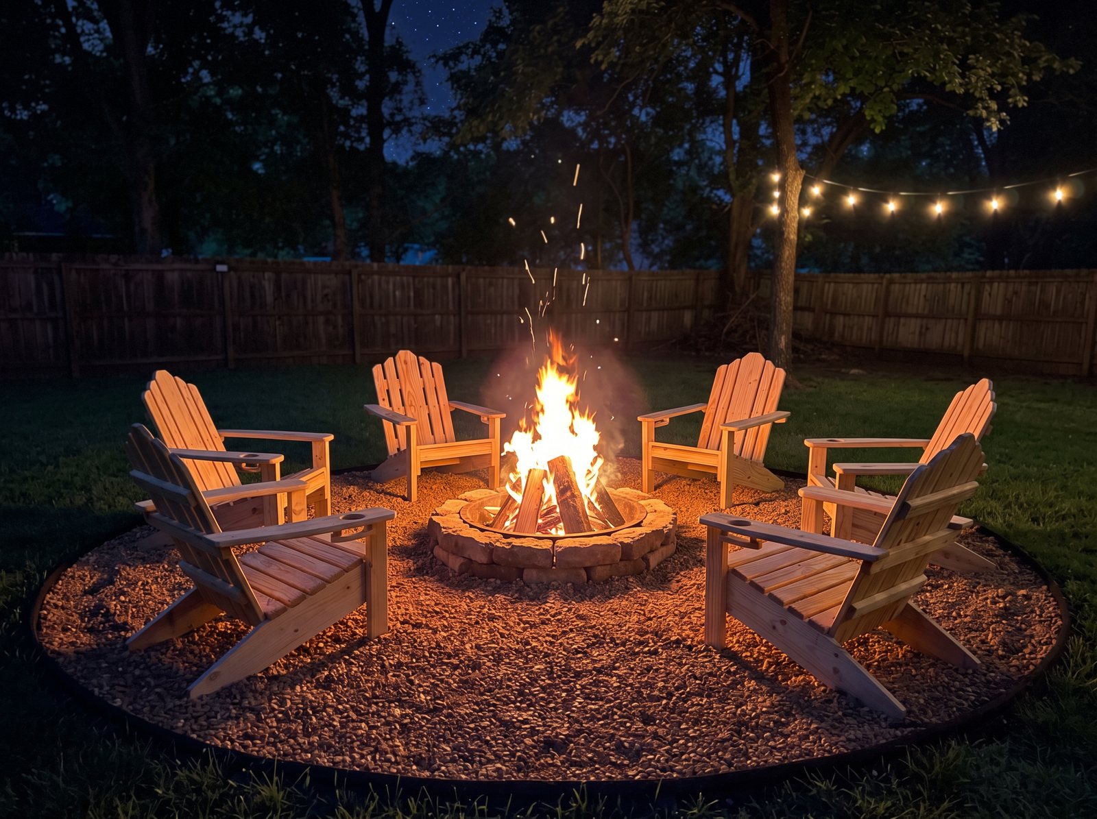 Six natural finish Adirondack chairs around a backyard bonfire at night