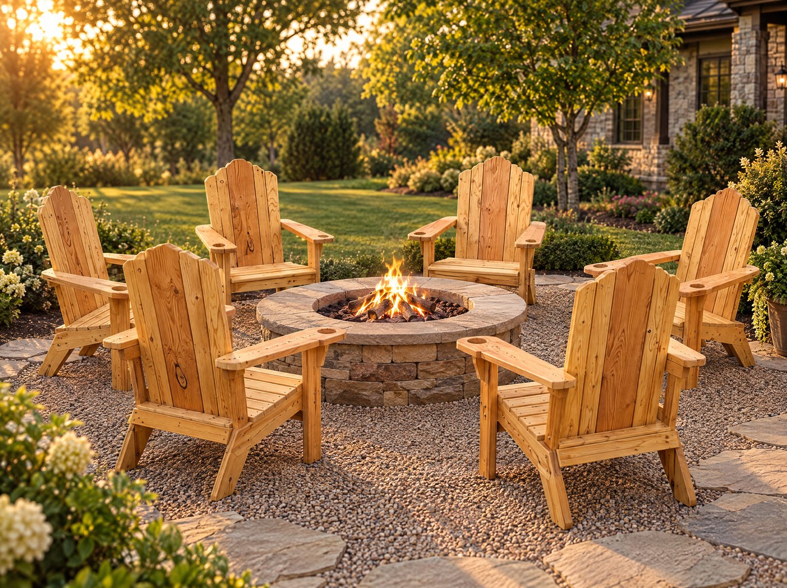 Six natural finish Adirondack chairs around a stone fire pit