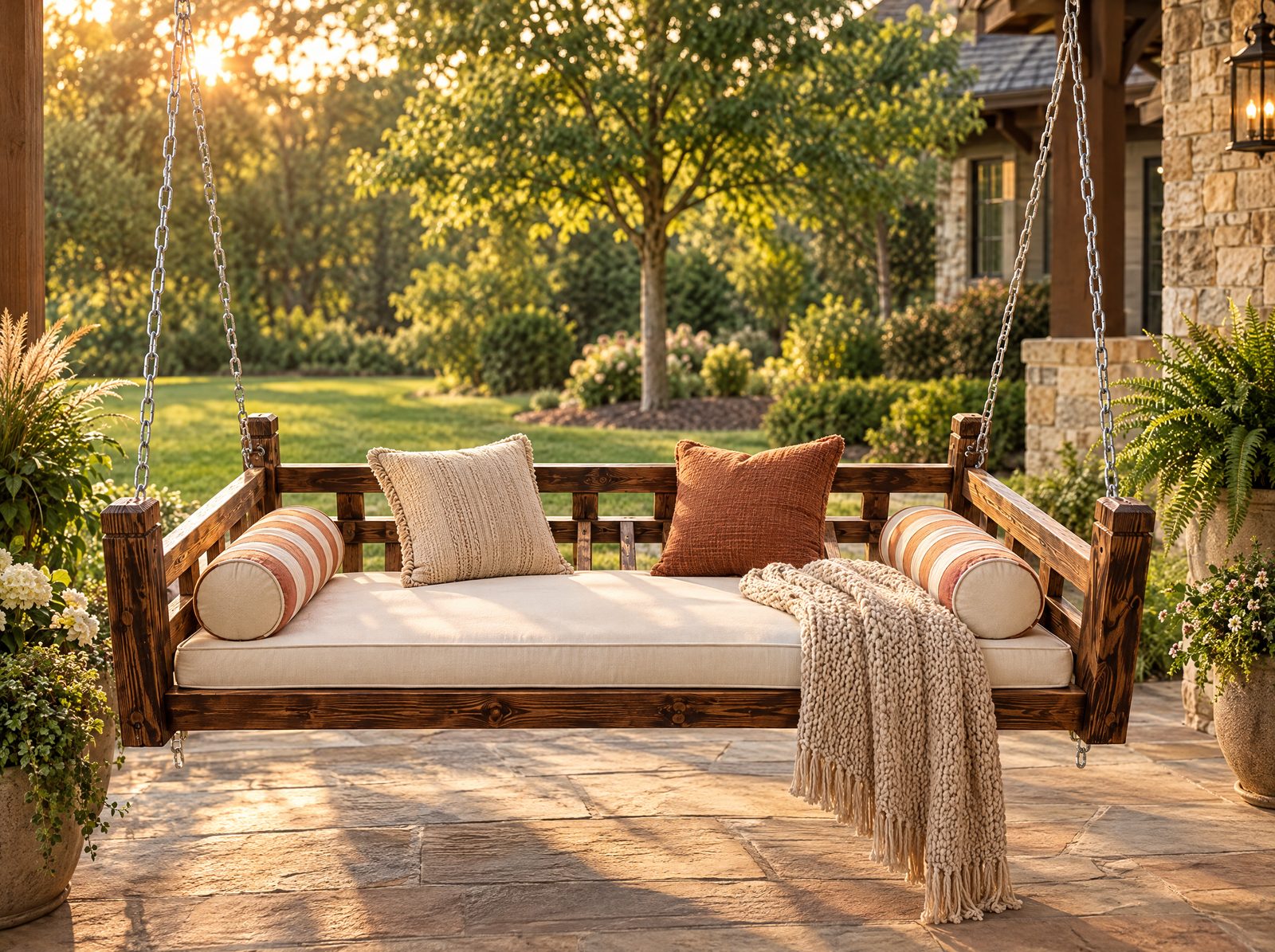 Twin hanging daybed swing styled with mattress, roll pillows, and knit blanket