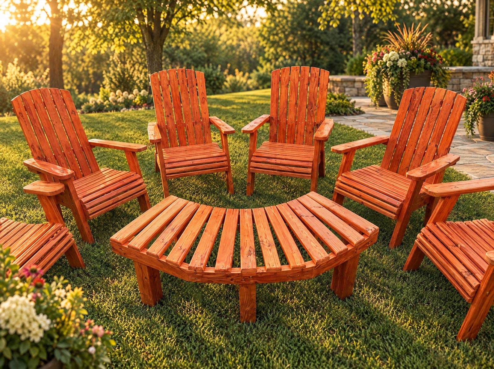 Six upright Adirondack chairs with a curved fire pit bench in a cedar finish