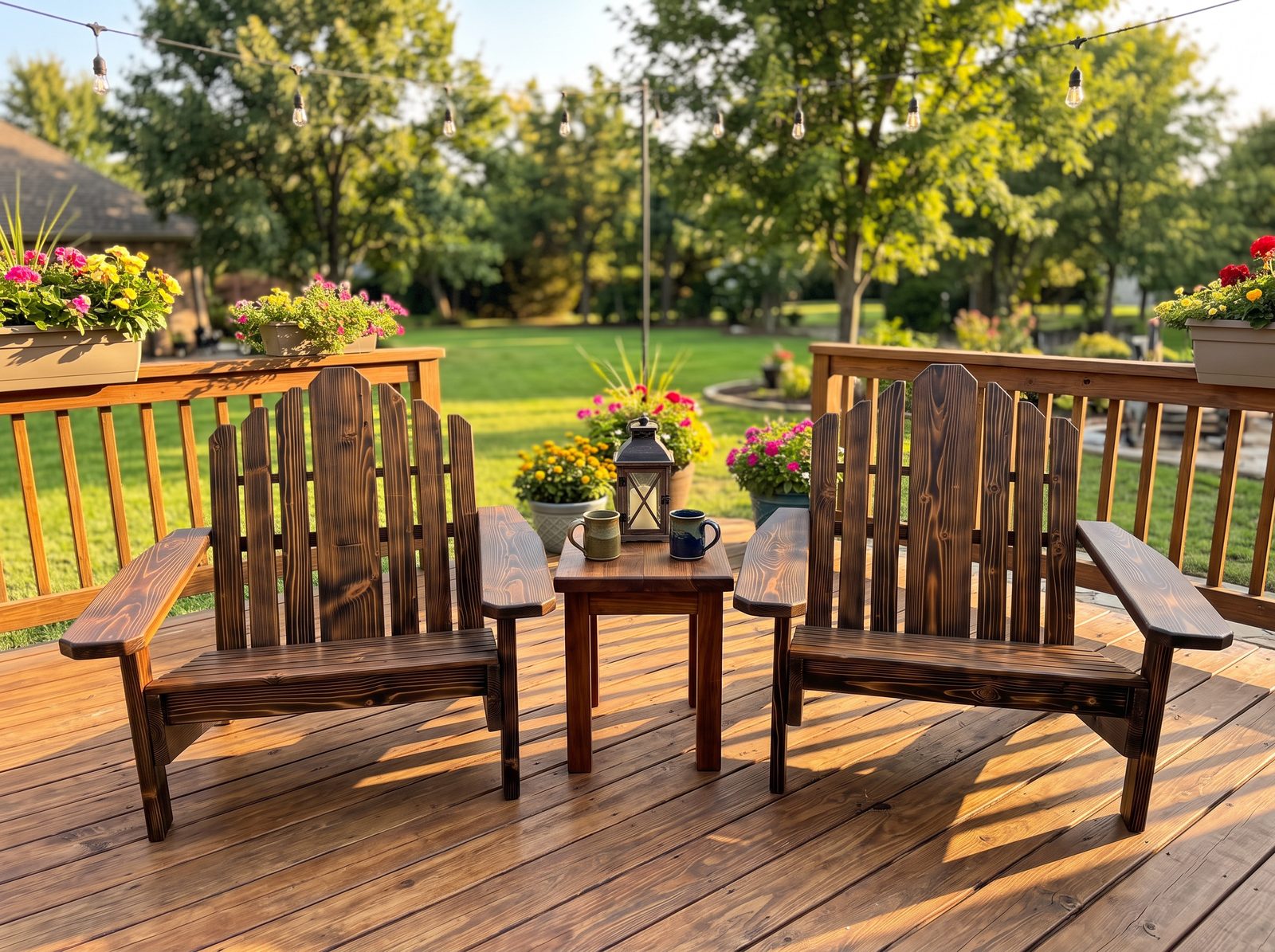 Pair of XL Adirondack chairs in a burned wood medium stain finish on a backyard deck