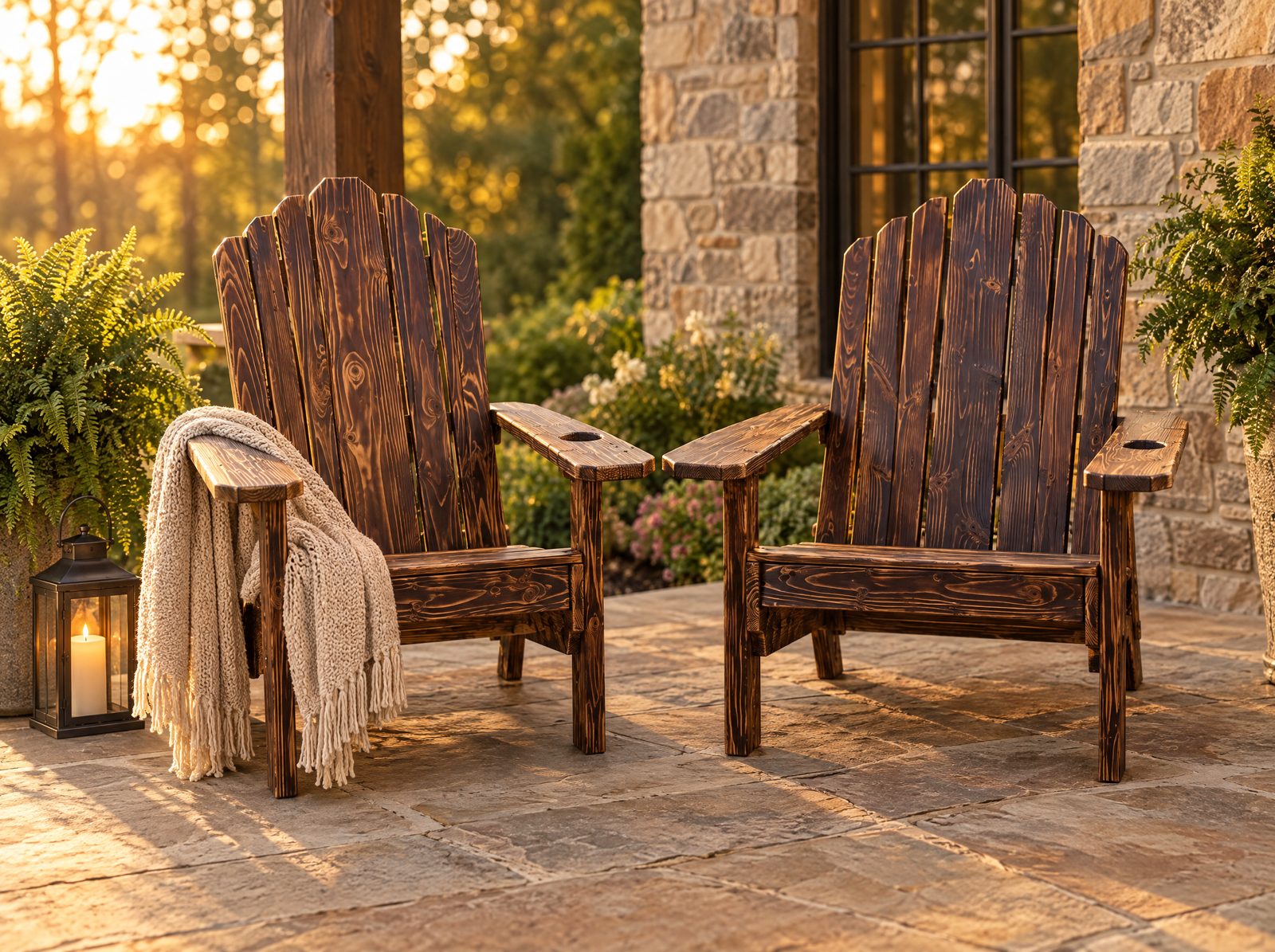 Pair of XL Adirondack chairs in a burned wood medium stain finish on a stone porch
