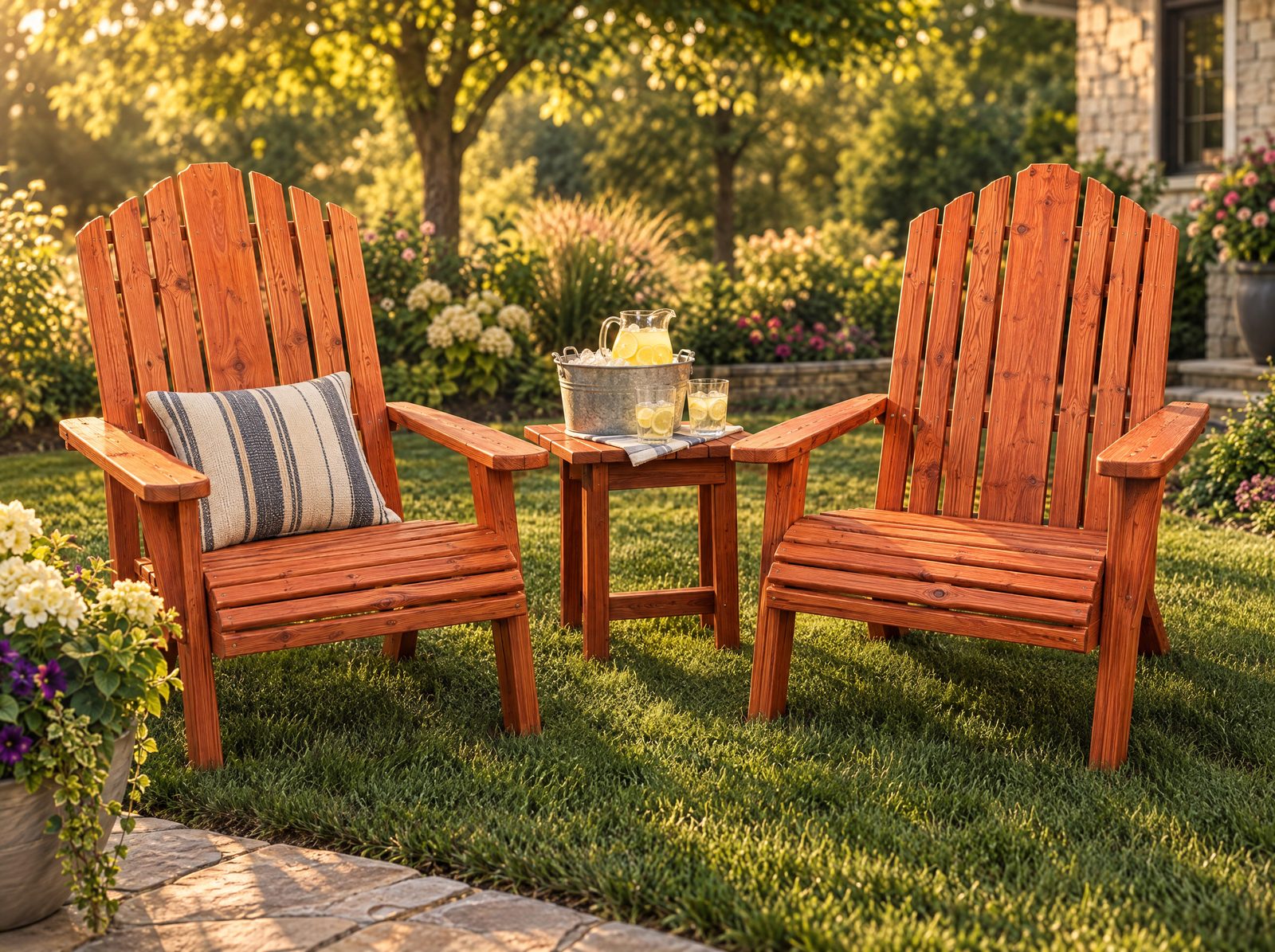 Pair of XL Adirondack chairs in a cedar finish on a backyard lawn
