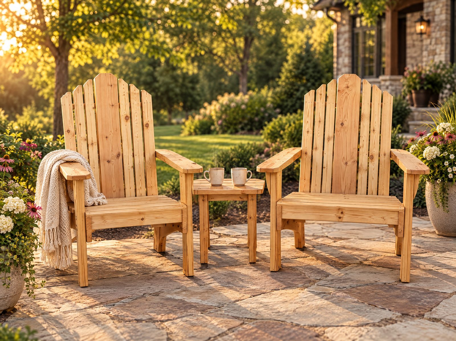Pair of XL Adirondack chairs in a natural finish on a stone patio